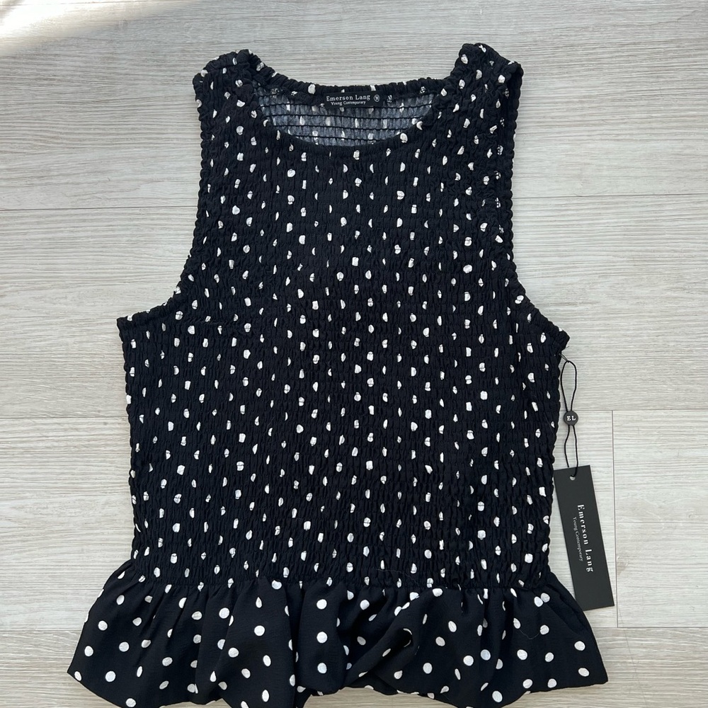 Emerson Lang Smocked Polka Dot Peplum Top Black White Stretch Tank Size M